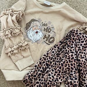 Festive Santa Sweatshirt and Leopard Print Skirt Set